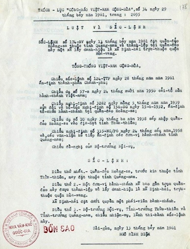 sắc lịnh về quần đảo hoàng sa của tổng thống ngô đình diệm, southeast asia sea belong to the républic of vietnam