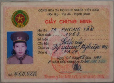 tạ phong tần, giấy chứng minh đại úy công an tạ phong tần