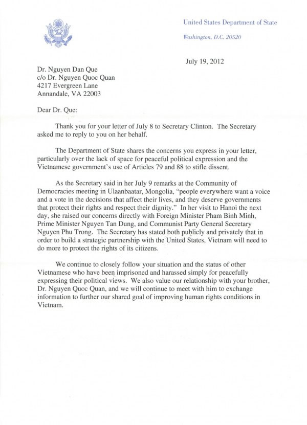 letter to dr nguyen dan que, nguyễn đan quế