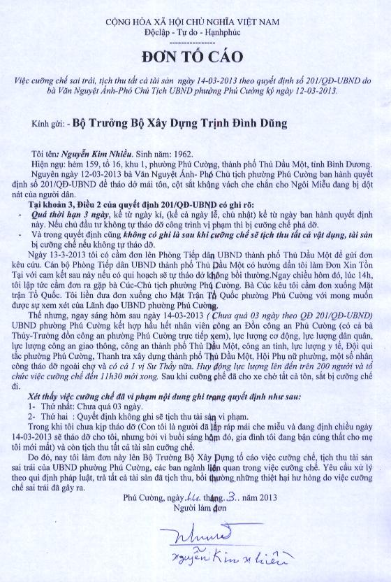 đơn tố cáo cưỡng chế tịch thu tài sản sai trái của ubnd phường phú cường, bình dương