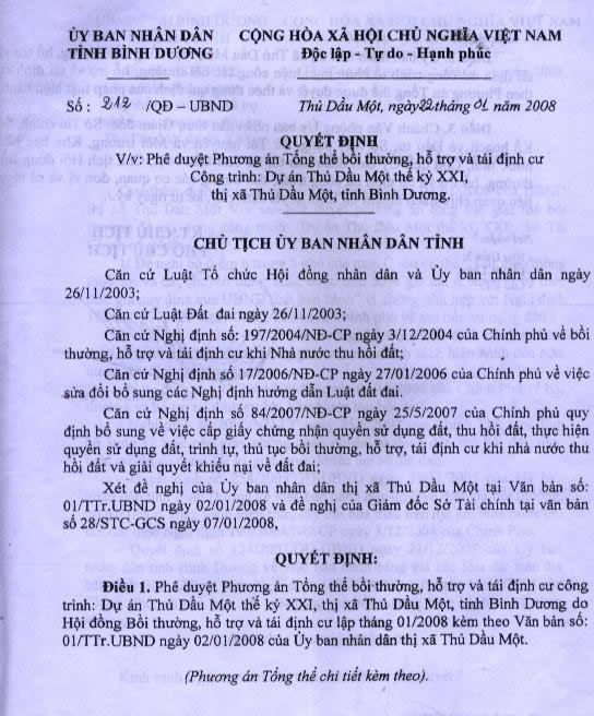 quyết định ngày 22-01-2008 của ủy ban nhân dân thủ dầu một sài gòn