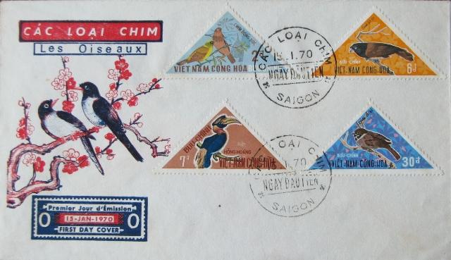 the kinds of birds, tem việt nam, tem thu viet nam, tem thư việt nam, các loại chim, les oiseaux, first day cover, les timbres viet nam du sud