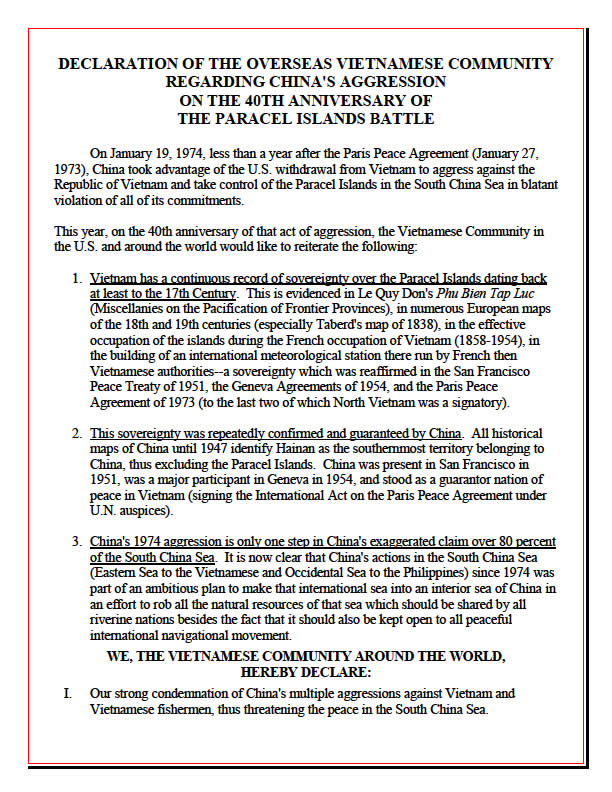 declaration of the overseas vietnamese community regarding china's aggression on the 40th anniversairy of the paracel islands battle