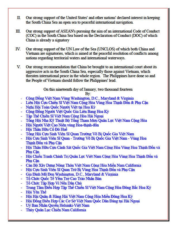 declaration of the overseas vietnamese community regarding china's aggression on the 40th anniversairy of the paracel islands battle