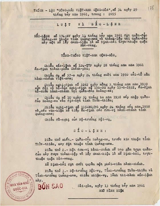 lịch sử việt nam, sắc lịnh về quân đảo hoàng sa do tổng thống ngô đình diệm ký ngày 13 tháng 7 năm 1961