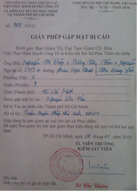 giấy phép gặp mặt bị cáo