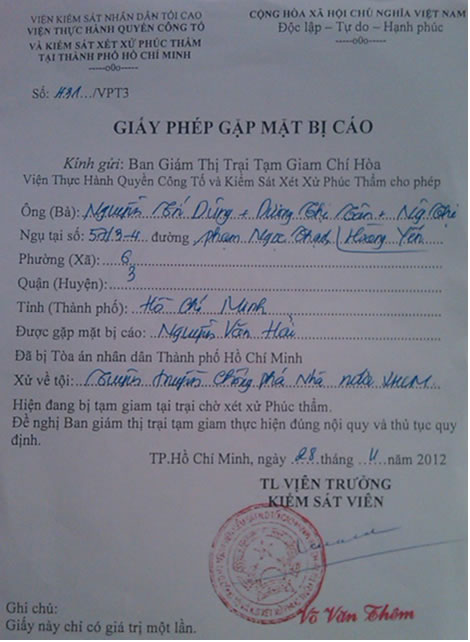 giấy phép cấm gặp mặt