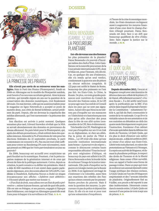 Les 50 qui changent le monde trên tuần báo Nouvel Observateurs. Photo courtesy of Nouvel Observateurs