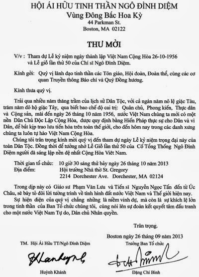 thư mời lễ giỗ cố tổng thống ngô đình diệm